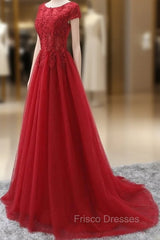 Elegant Cap Sleeve Lace Applique Tulle Party Dress, Formal Prom Gowns