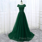 Elegant Cap Sleeve Lace Applique Tulle Party Dress, Formal Prom Gowns
