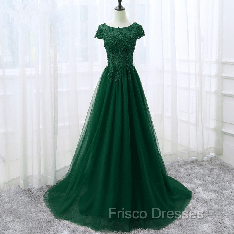 Elegant Cap Sleeve Lace Applique Tulle Party Dress, Formal Prom Gowns
