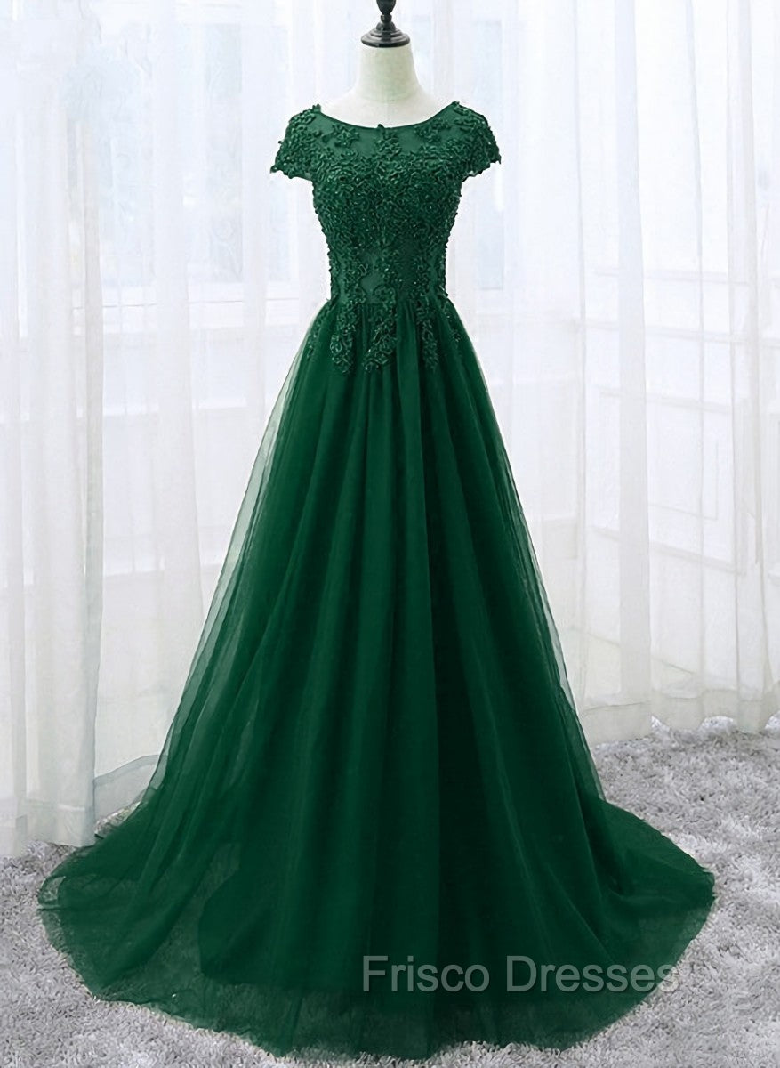 Elegant Cap Sleeve Lace Applique Tulle Party Dress, Formal Prom Gowns Main image