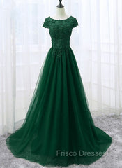 Elegant Cap Sleeve Lace Applique Tulle Party Dress, Formal Prom Gowns