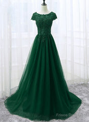 Elegant Cap Sleeve Lace Applique Tulle Party Dress, Prom Gowns