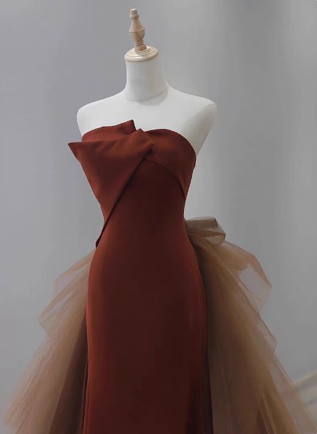 Elegant Caramel Brown Mermaid Strapless Tulle Satin Train Prom Dress Evening Dress Secondary image