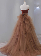 Elegant Caramel Brown Mermaid Strapless Tulle Satin Train Prom Dress Evening Dress