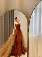 Elegant Caramel Brown Mermaid Strapless Tulle Satin Train Prom Dress Evening Dress
