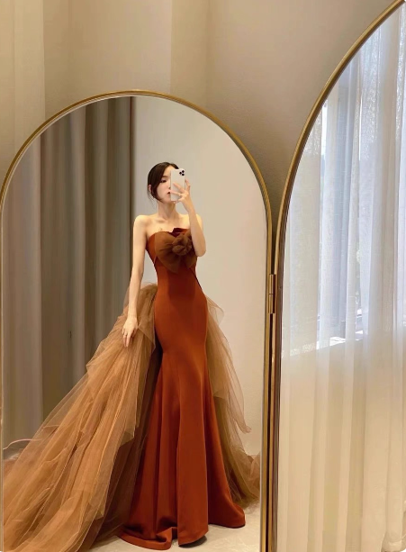 Elegant Caramel Brown Mermaid Strapless Tulle Satin Train Prom Dress Evening Dress