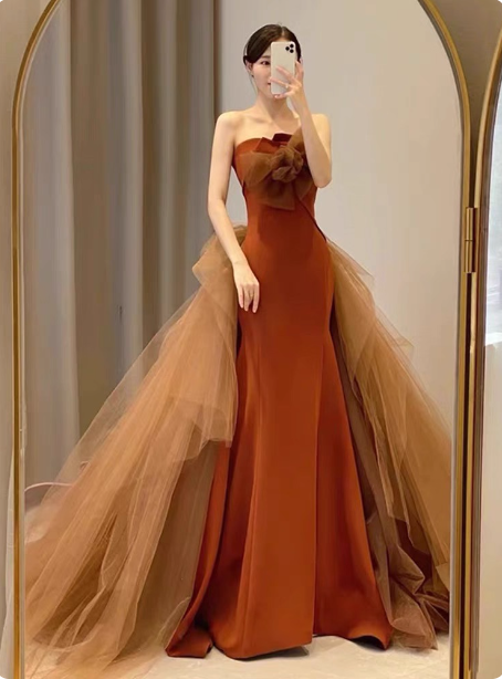 Elegant Caramel Brown Mermaid Strapless Tulle Satin Train Prom Dress Evening Dress