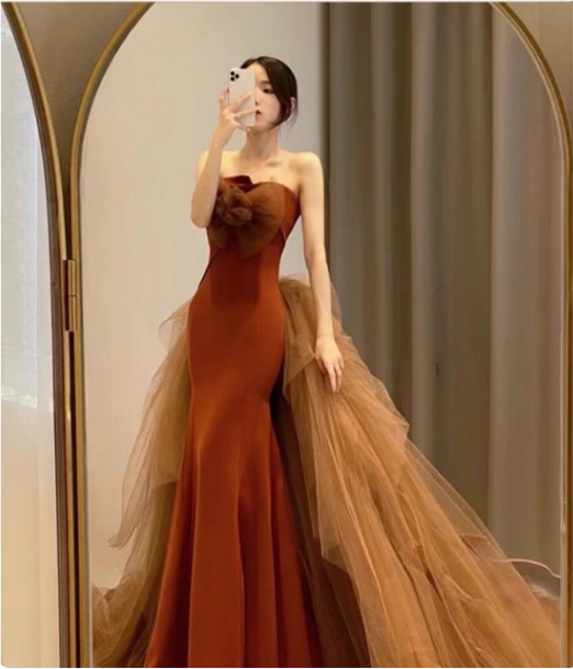 Elegant Caramel Brown Mermaid Strapless Tulle Satin Train Prom Dress Evening Dress Main image