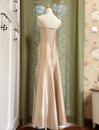 Elegant Champagne A-Line Strapless Twisted Satin Long Prom Dress Evening Dress Bridesmaid Dress