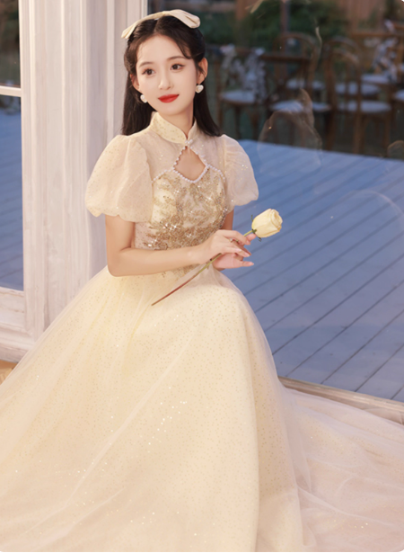 Elegant Champagne Apricot A-Line Puff Sleeve Embroidered Tulle Long Prom Dress Evening Dress Secondary image