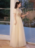 Elegant Champagne Apricot A-Line Puff Sleeve Embroidered Tulle Long Prom Dress Evening Dress