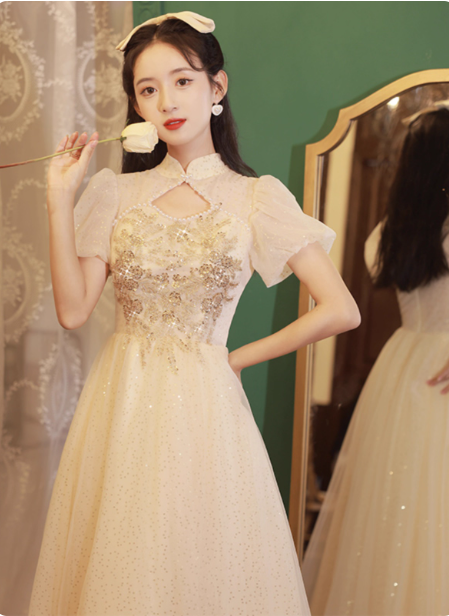 Elegant Champagne Apricot A-Line Puff Sleeve Embroidered Tulle Long Prom Dress Evening Dress
