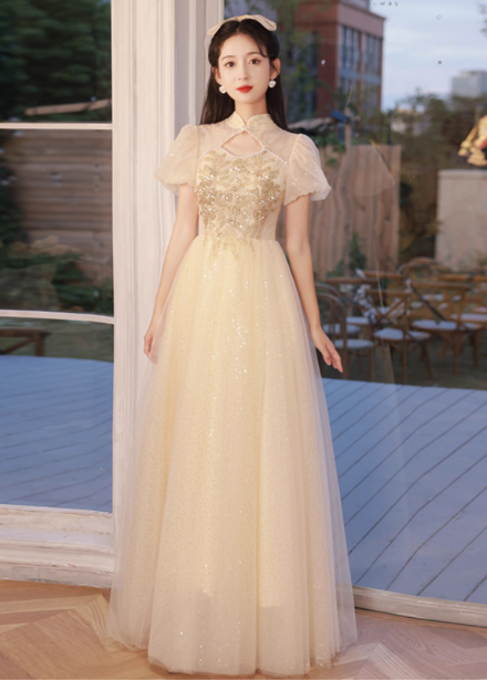 Elegant Champagne Apricot A-Line Puff Sleeve Embroidered Tulle Long Prom Dress Evening Dress Main image