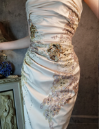 Elegant Champagne Fitted Spaghetti Strap Beaded Embroidered Satin Prom Dress Evening Dress