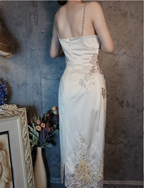 Elegant Champagne Fitted Spaghetti Strap Beaded Embroidered Satin Prom Dress Evening Dress