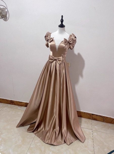 Elegant Champagne Gold Deep V-Neck Bow Satin Long Prom Dress Evening Dress Secondary image