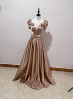 Elegant Champagne Gold Deep V-Neck Bow Satin Long Prom Dress Evening Dress