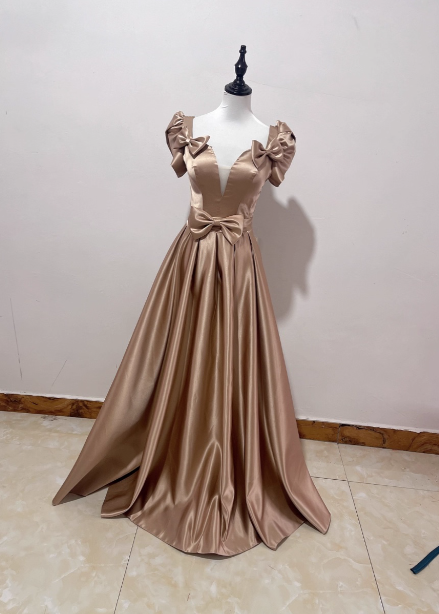 Elegant Champagne Gold Deep V-Neck Bow Satin Long Prom Dress Evening Dress