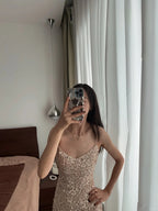 Elegant Champagne Gold Mermaid Halter V-Neck Sequined Long Prom Dress Evening Dress