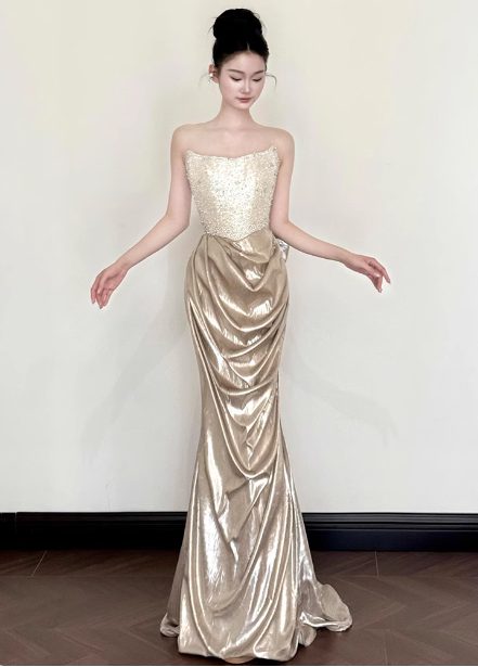 Elegant Champagne Gold Mermaid Strapless Ruffled Satin Train Prom Dress Evening Dress Secondary image