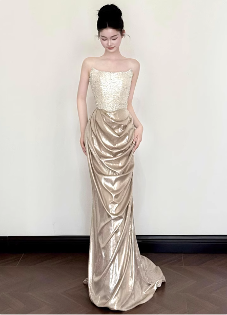 Elegant Champagne Gold Mermaid Strapless Ruffled Satin Train Prom Dress Evening Dress