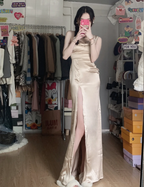 Elegant Champagne High-Slit Satin Long Prom Dress Evening Dress