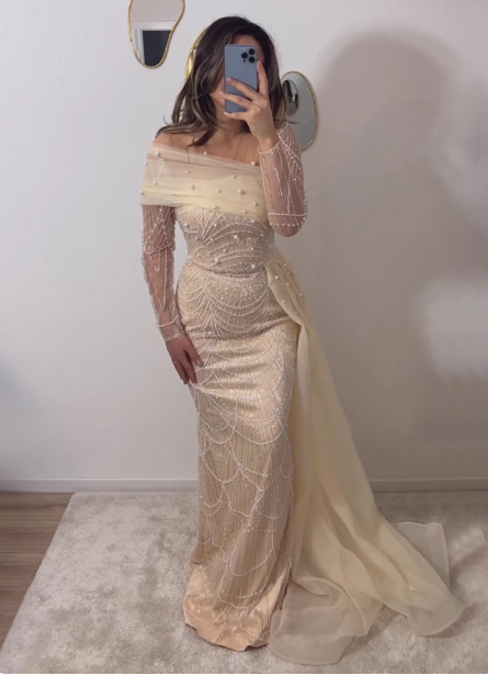 Elegant Champagne Mermaid Long Sleeve Pearl Tulle Train Prom Dress Evening Dress Main image
