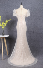 Elegant Champagne Mermaid Puff Sleeve Sequin Train Prom Dress Evening Dress