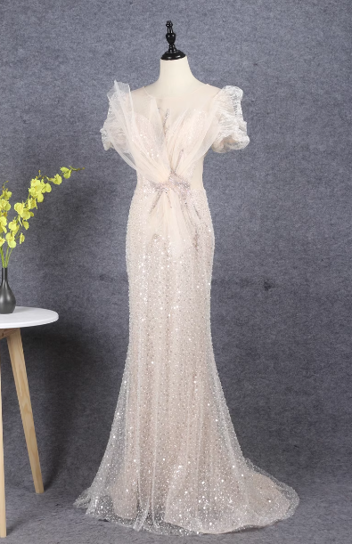 Elegant Champagne Mermaid Puff Sleeve Sequin Train Prom Dress Evening Dress