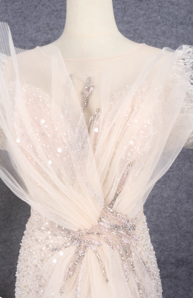 Elegant Champagne Mermaid Puff Sleeve Sequin Train Prom Dress Evening Dress