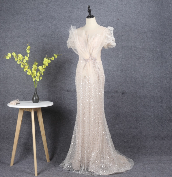 Elegant Champagne Mermaid Puff Sleeve Sequin Train Prom Dress Evening Dress Main image