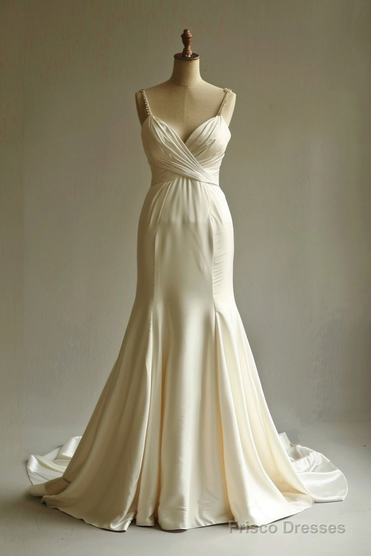 Elegant Champagne Mermaid Satin V-Neck Long Prom Dress Spaghetti Strap Beaded Wedding Dress Main image