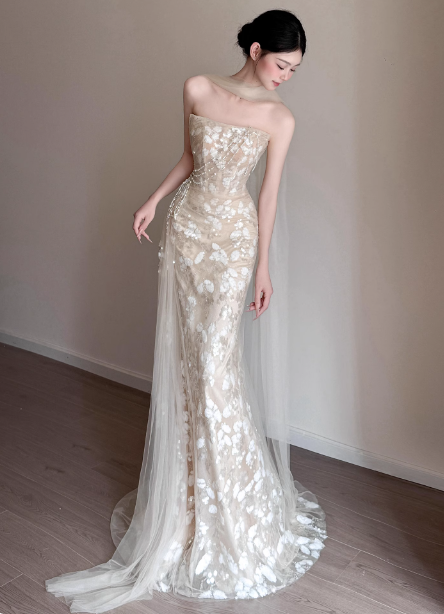 Elegant Champagne Mermaid Strapless Petal Tulle Long Prom Dress Evening Dress Secondary image