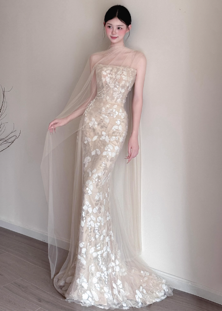 Elegant Champagne Mermaid Strapless Petal Tulle Long Prom Dress Evening Dress