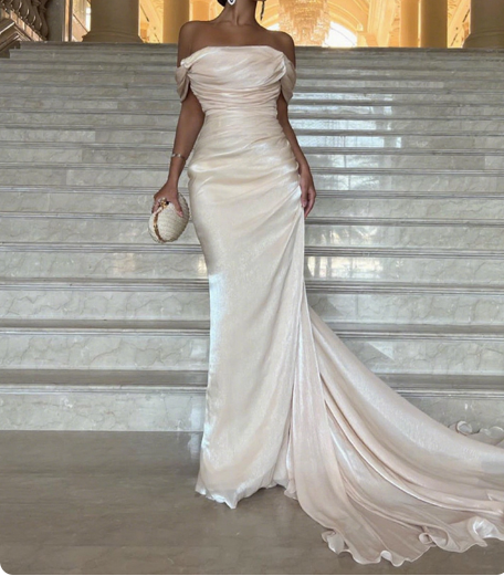 Elegant Champagne Mermaid Train Off-The-Shoulder Ruffled Satin Prom Dress Evening Dress Main image