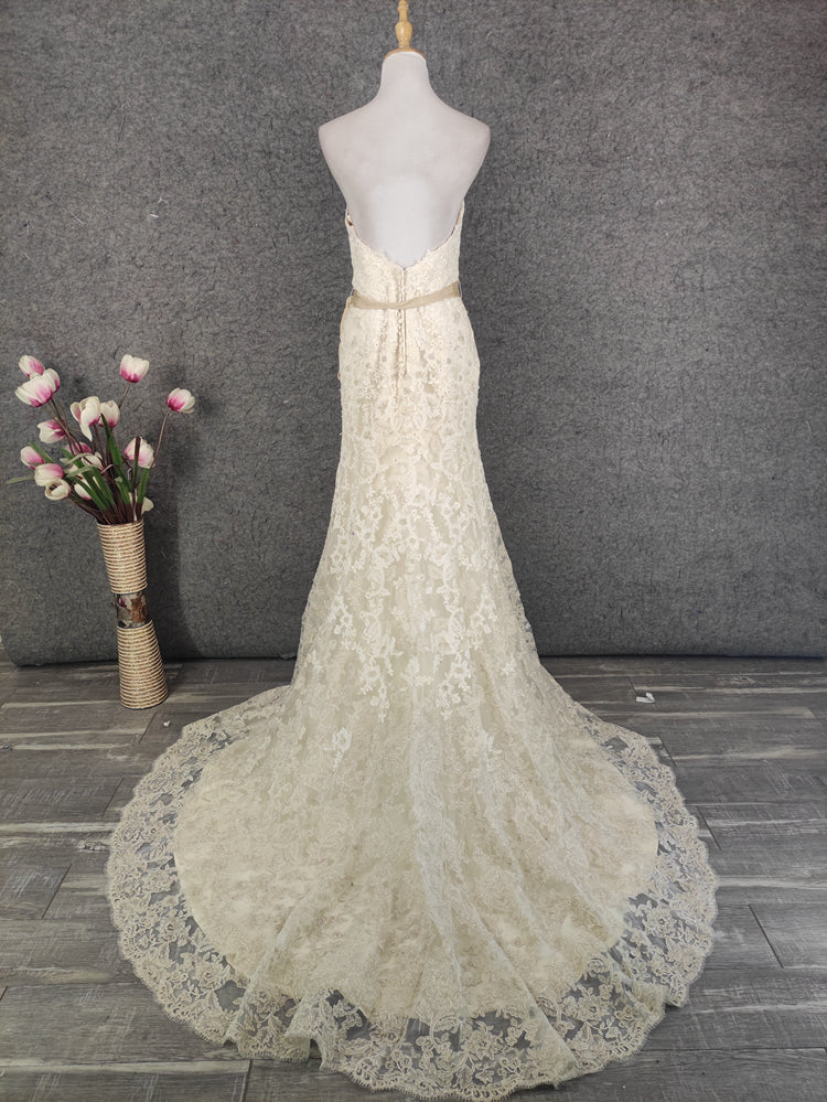 Elegant Champagne Off-White Sweetheart Neck Lace Train Prom Dress Evening Dress