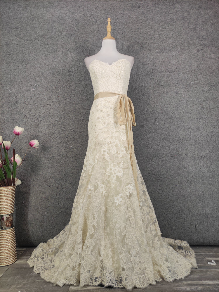 Elegant Champagne Off-White Sweetheart Neck Lace Train Prom Dress Evening Dress Main image