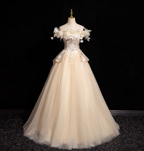 Elegant Champagne One-Shoulder 3D Floral Tulle Long Ball Gown Evening Dress Sweet 16 Dress Secondary image