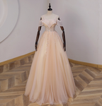 Elegant Champagne One-Shoulder Tulle Long Ball Gown Evening Dress Sweet 16 Dress