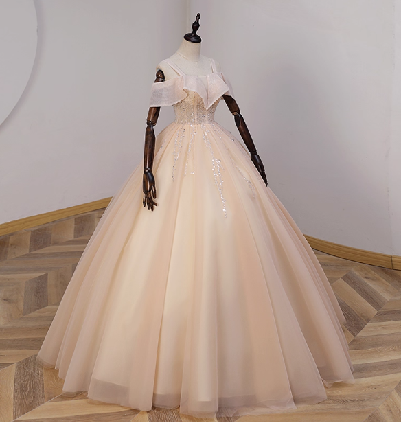 Elegant Champagne One-Shoulder Tulle Long Ball Gown Evening Dress Sweet 16 Dress