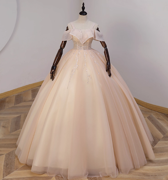 Elegant Champagne One-Shoulder Tulle Long Ball Gown Evening Dress Sweet 16 Dress Main image