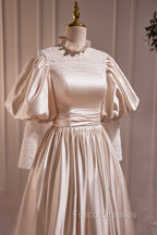 Elegant Champagne Satin A-Line Formal Prom Dress, Champagne Ruffle High Neck Puffy Short Sleeve Backless Evening Dress