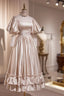 Elegant Champagne Satin A-Line Formal Prom Dress, Champagne Ruffle High Neck Puffy Short Sleeve Backless Evening Dress
