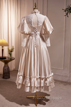 Elegant Champagne Satin A-Line Formal Prom Dress, Champagne Ruffle High Neck Puffy Short Sleeve Backless Evening Dress
