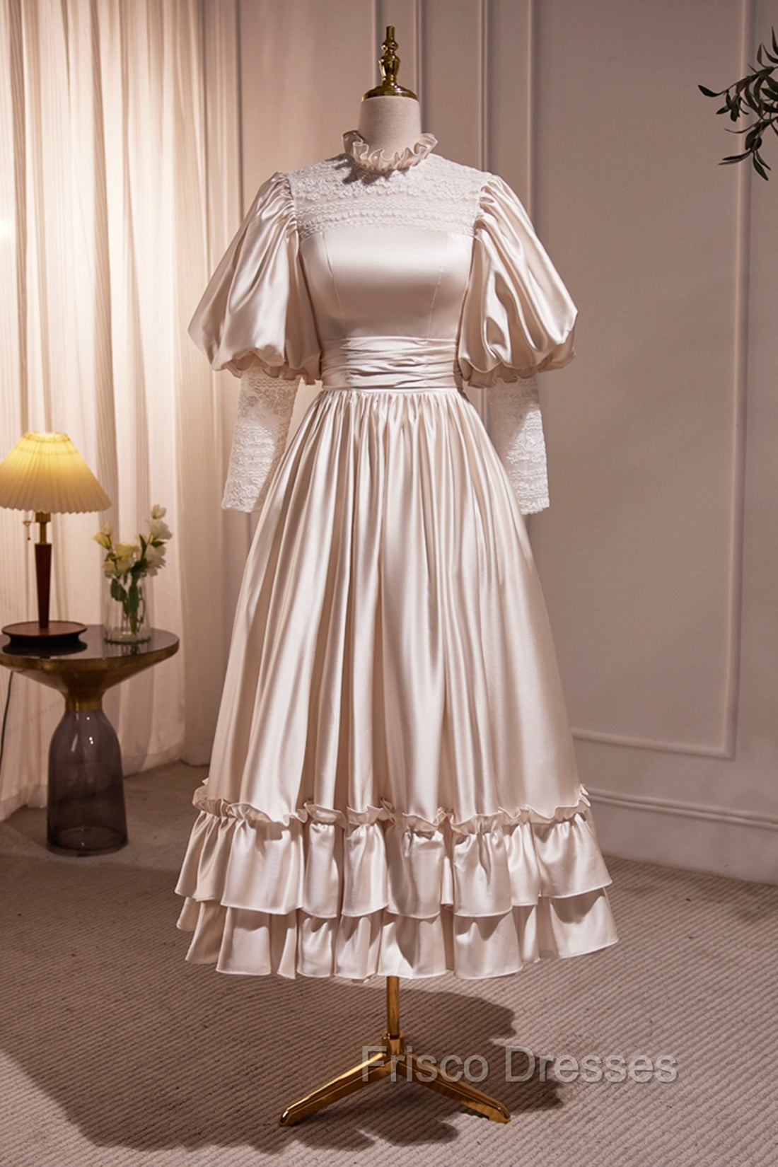 Elegant Champagne Satin A-Line Formal Prom Dress, Champagne Ruffle High Neck Puffy Short Sleeve Backless Evening Dress