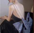 Elegant Charcoal Gray Spaghetti Strap Bow Backless Velvet Long Prom Dress Evening Dress