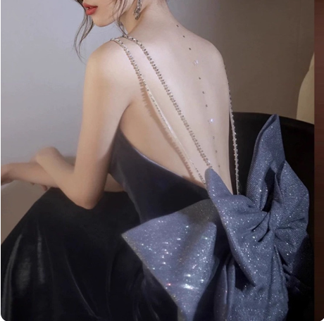 Elegant Charcoal Gray Spaghetti Strap Bow Backless Velvet Long Prom Dress Evening Dress