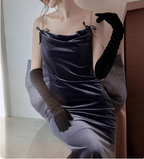 Elegant Charcoal Gray Spaghetti Strap Bow Backless Velvet Long Prom Dress Evening Dress