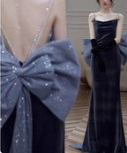Elegant Charcoal Gray Spaghetti Strap Bow Backless Velvet Long Prom Dress Evening Dress