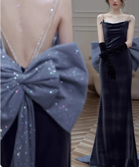 Elegant Charcoal Gray Spaghetti Strap Bow Backless Velvet Long Prom Dress Evening Dress